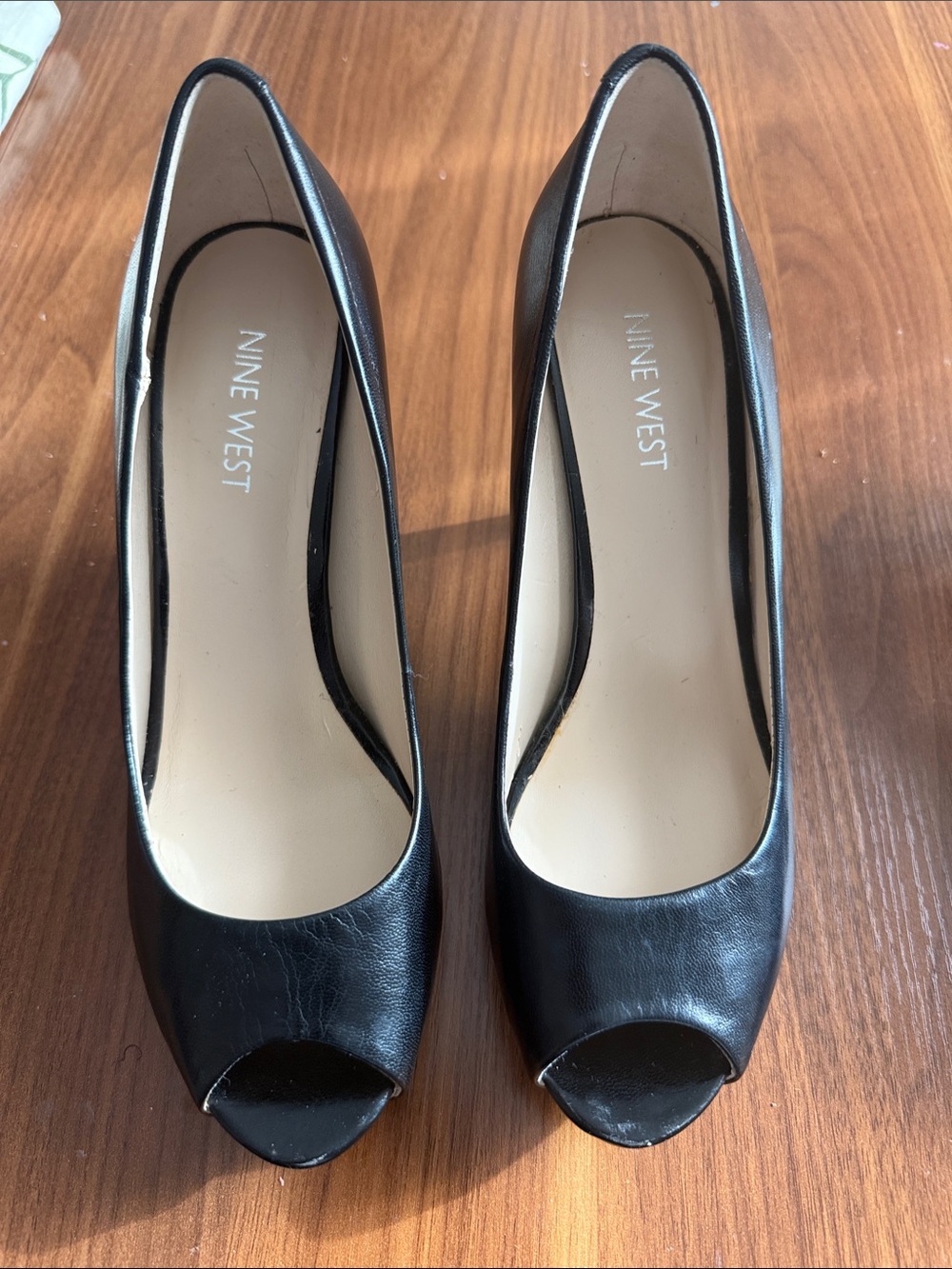 Nine West Black Leather Peep-Toe Pumps